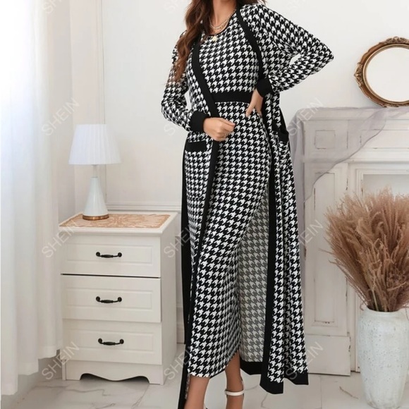SHEIN Dresses & Skirts - SHEIN Modely Houndstooth Slit Back Bodycon Dress & Patched Pocket Belted Coat